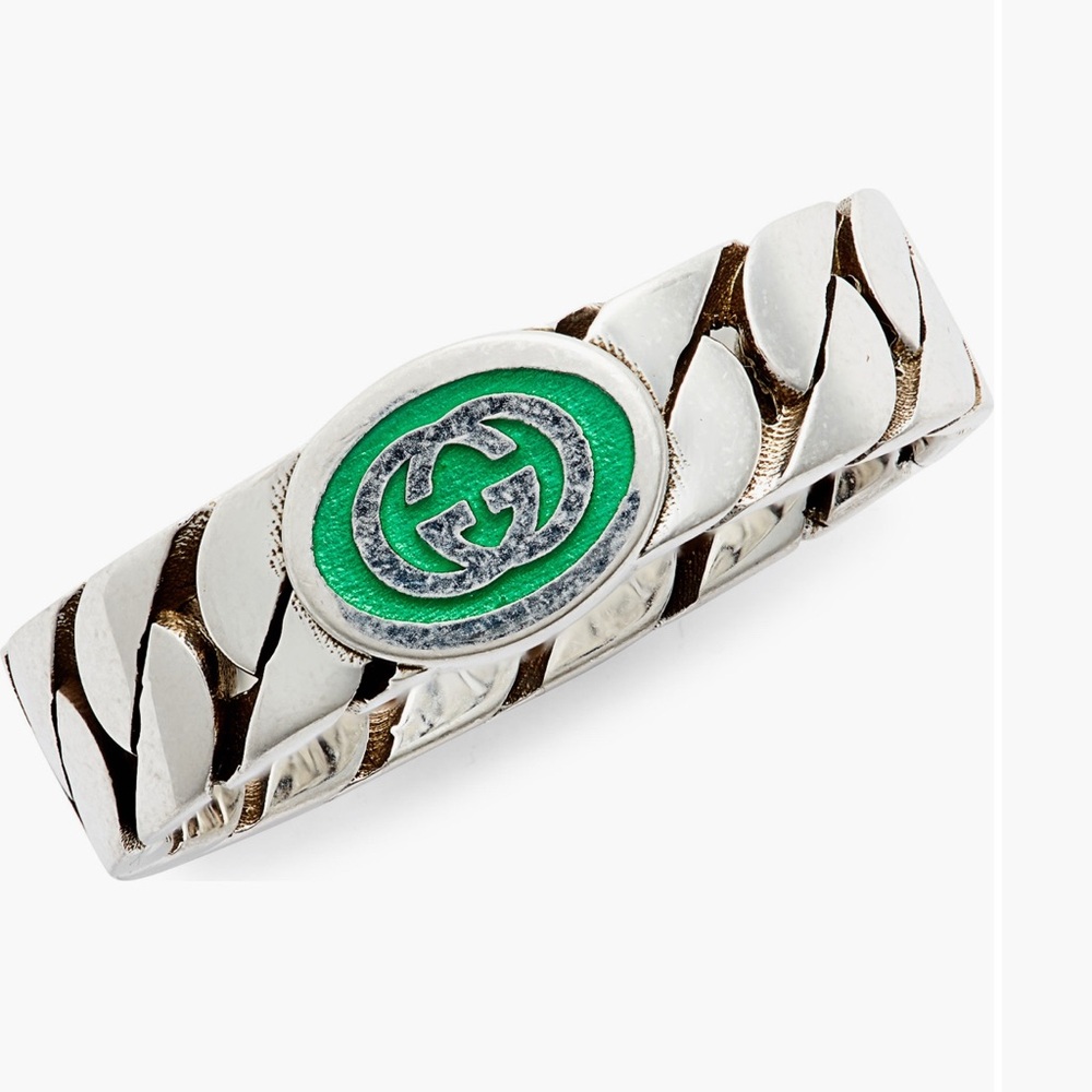 Gucci Interlocking Sterling Silver green Enamel 6.35mm Ring Size 7.25